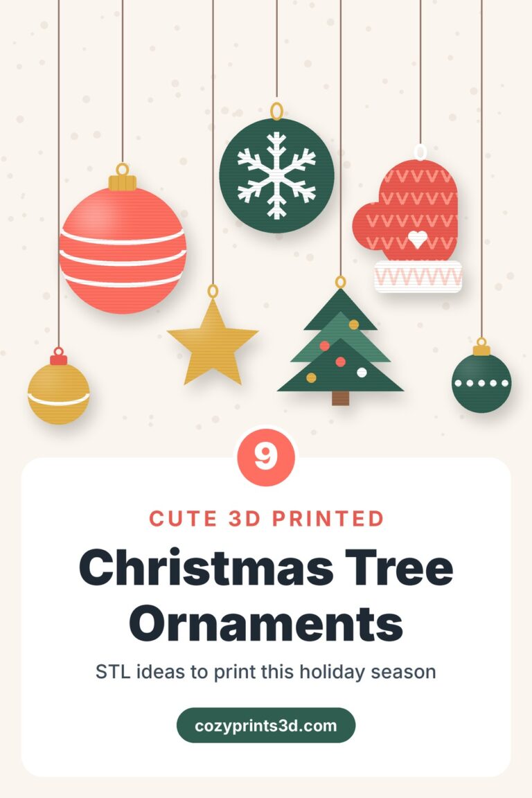 3D printed Christmas tree ornaments illustration: layered baubles, snowflake, knitted mitten, star and mini tree
